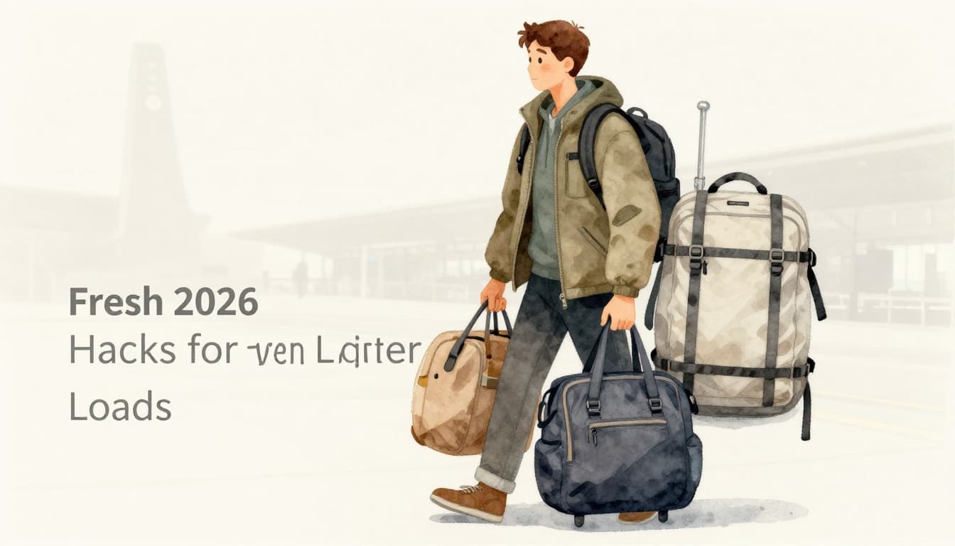 A solo traveler in an airport wears a bulky jacket and shoes with a light backpack, holding a personal item bag, poised to board in watercolor style with soft blended textures and neutral tones.