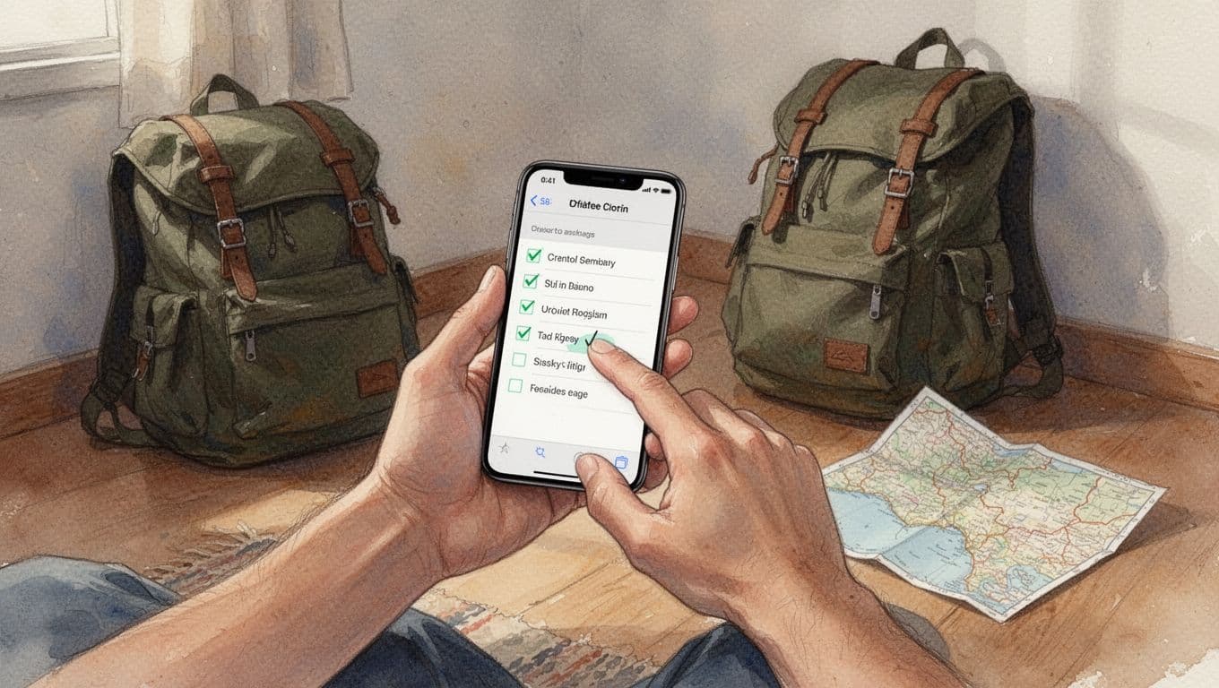 Close-up of hands checking off a budget travel checklist on a phone app with notepad background, backpack and map nearby in a simple room, watercolor style with soft blending and warm indoor light.