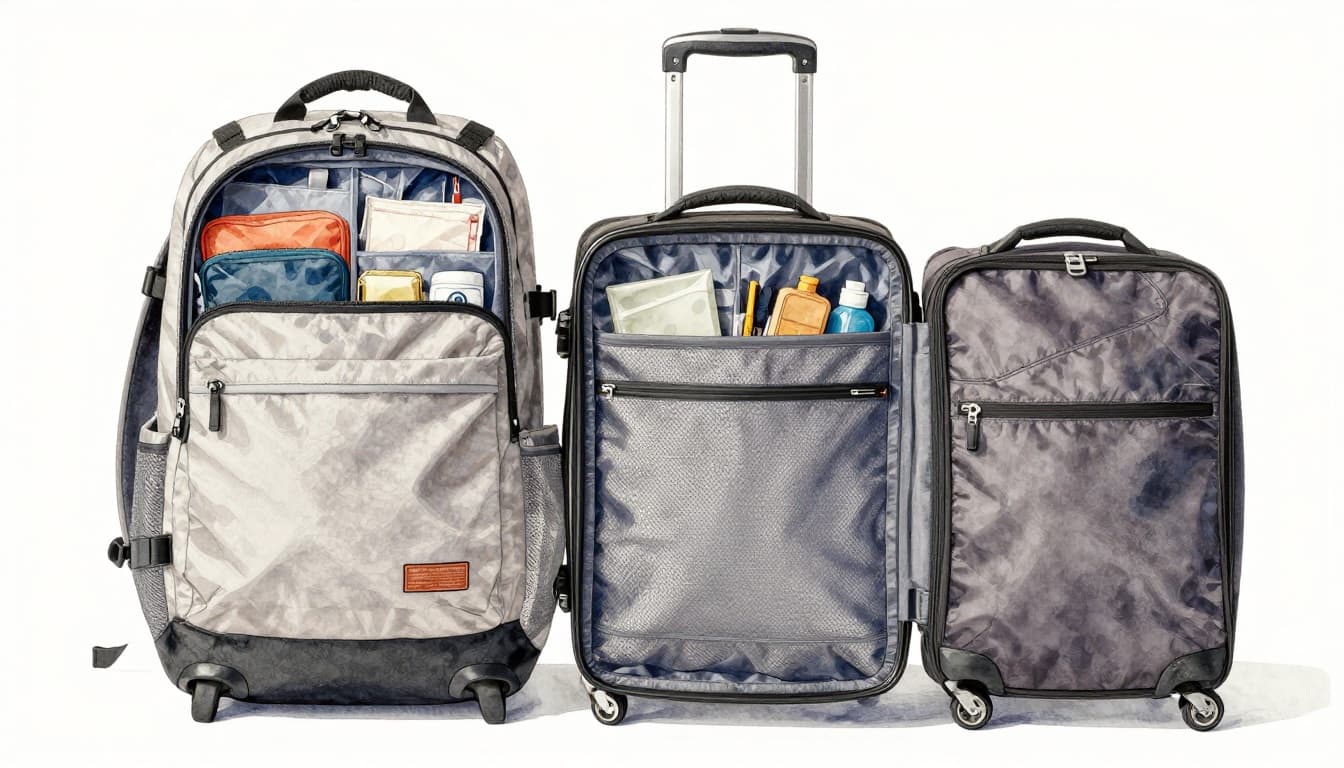 A traveler's lightweight carry-on backpack with open compartments displaying organized packing sits beside a wheeled roller bag in an airport setting, illustrated in soft watercolor style with neutral tones and blending brush textures.