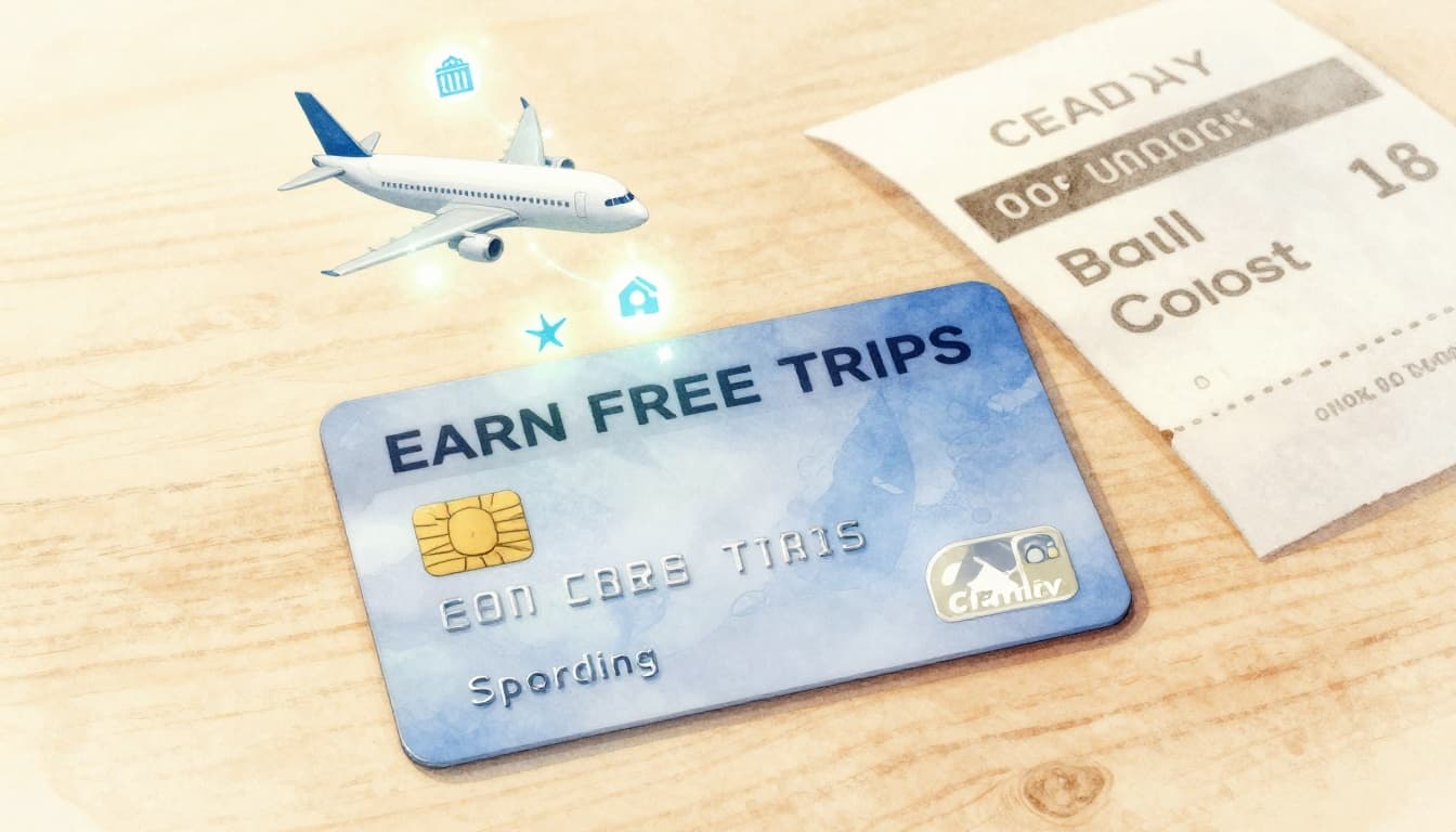 Simple credit card on a table with glowing travel points transforming into airplane and hotel icons floating upward, beside an everyday grocery receipt, in watercolor style with soft blending and warm palette.