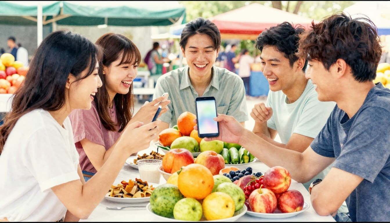 Four friends gathered at a sunny outdoor market table, laughing as they check a phone app to split the bill, surrounded by colorful fruits and local foods, in a vibrant watercolor style with soft blending and brush textures.