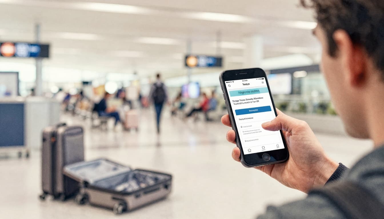Watercolor illustration of a frustrated solo traveler loosely holding a phone with a high price notification, open suitcase on the airport floor, blurred terminal background under soft lighting.