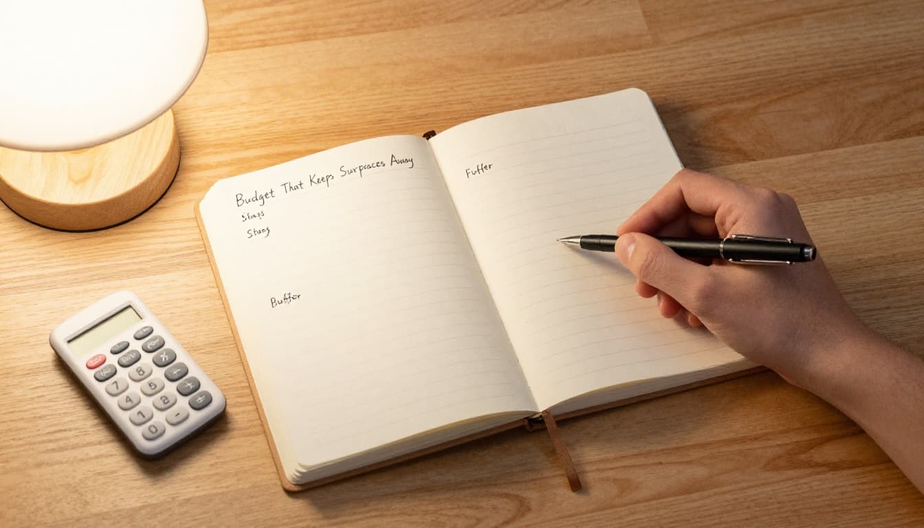 Open notebook page with handwritten travel budget categories like flights, stays, food, and buffer, alongside a pen and small calculator on a wooden table under soft lamp light. Watercolor style featuring soft blending, visible brush texture, and a consistent warm palette, focused composition with no people or extra text.