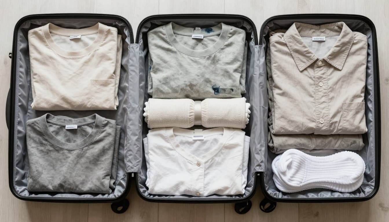 Packed open suitcase with minimalist clothes folded and rolled in categories, versatile outfits like shirts, pants, and socks in quick-dry fabrics, watercolor style with soft blending and neutral palette, one centered suitcase, no people or text.