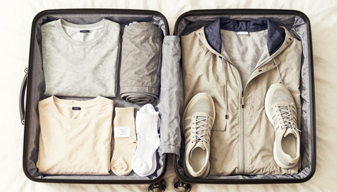 Open compact suitcase neatly arranged with versatile mix-and-match clothing essentials like tees, shirts, pants, jacket, underwear, socks, and sneakers in neutral colors for a 3-day spring trip, rendered in watercolor style.