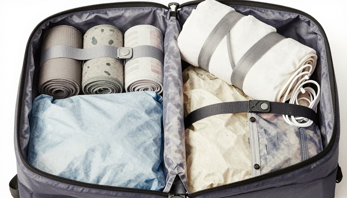 Packing cubes filled with rolled clothes inside a bag, secured by compression straps, with a small tech organizer holding cords, rendered in watercolor style with soft blending and neutral tones.