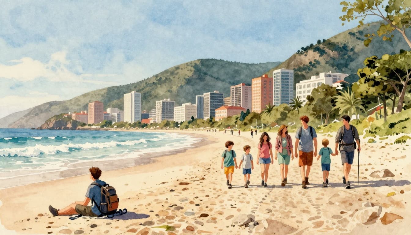 Three distinct watercolor scenes side by side: a solo traveler relaxing on a quiet beach at sunset, a family of four walking in a vibrant city park, and four friends hiking a mountain trail under blue sky.