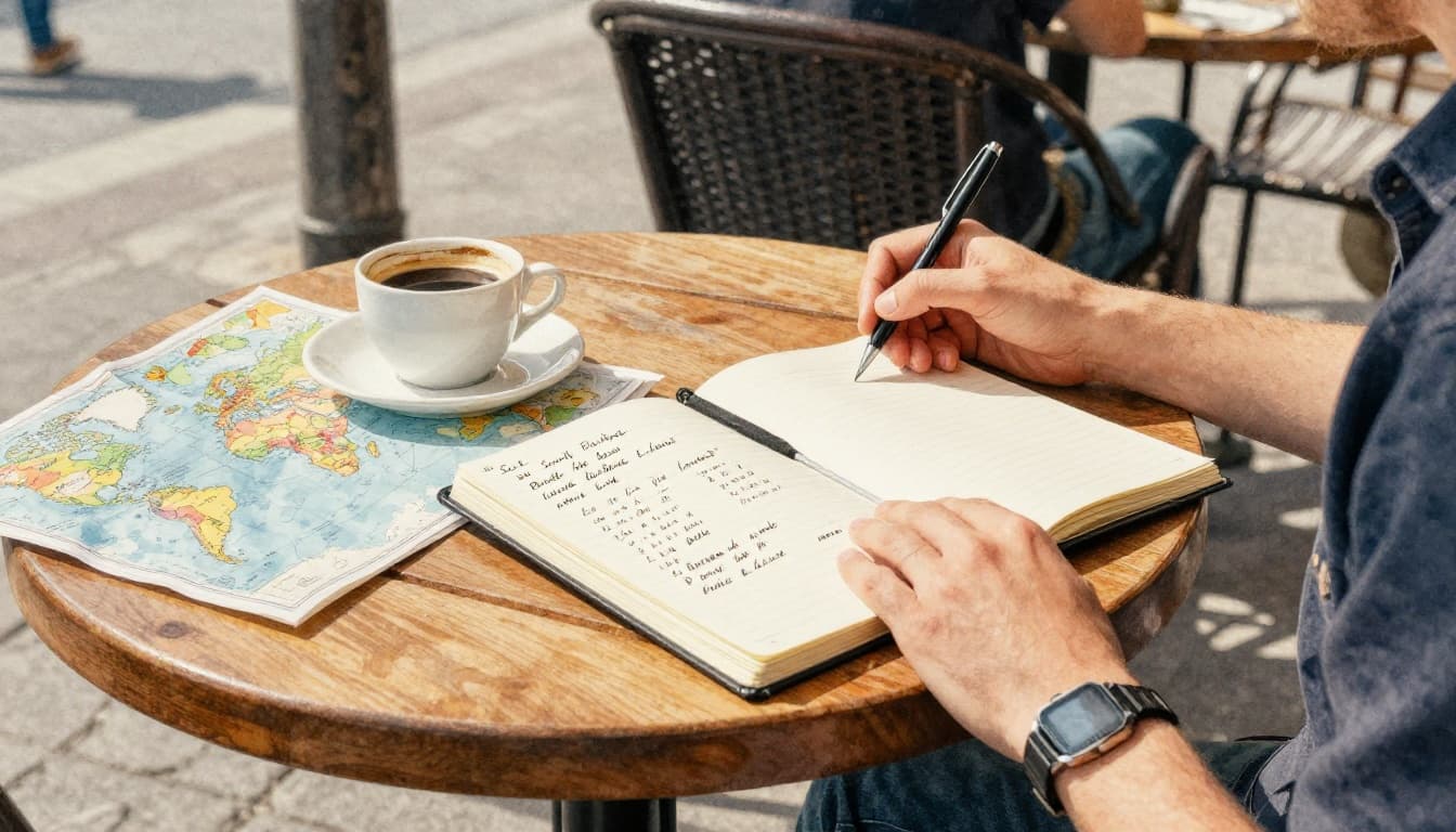 A solo traveler relaxes at a wooden cafe table in a sunny European city square, notebook open with budget calculations and a world map nearby, holding coffee and pen, rendered in watercolor style with soft blending.