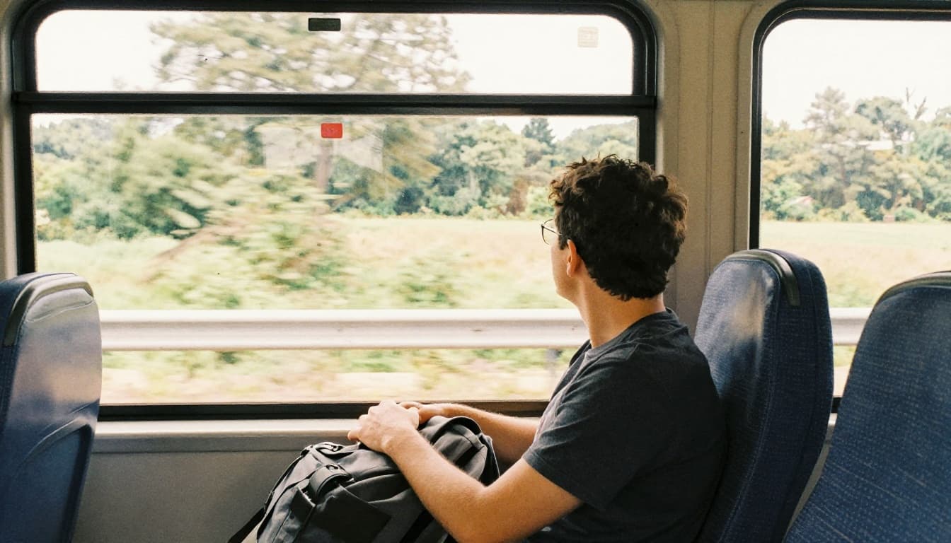Watercolor illustration of a solo passenger in a public bus or train interior, gazing out the window at passing countryside scenery with backpack on lap, daylight through windows, soft blending and warm palette.