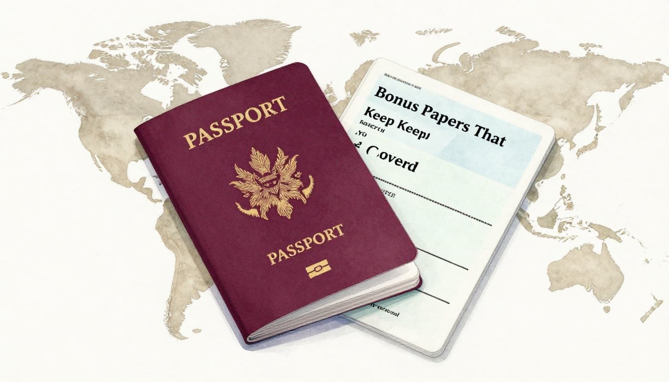 Overhead watercolor illustration of stacked travel documents including passport photocopy, insurance card, and vaccination booklet on a table with world map underneath, featuring soft blending and brush texture.