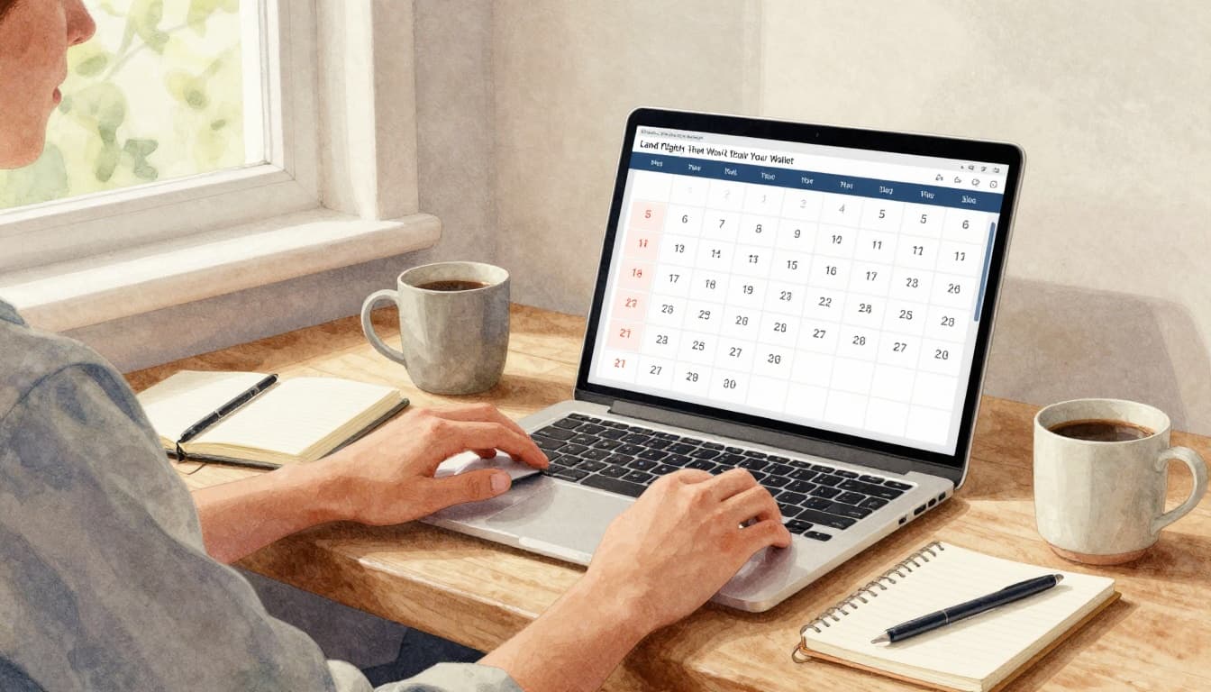 A relaxed traveler in a cozy home office checks flight prices on a laptop calendar highlighting affordable dates, with coffee mug and notebook nearby, in watercolor style with soft blending and warm palette.