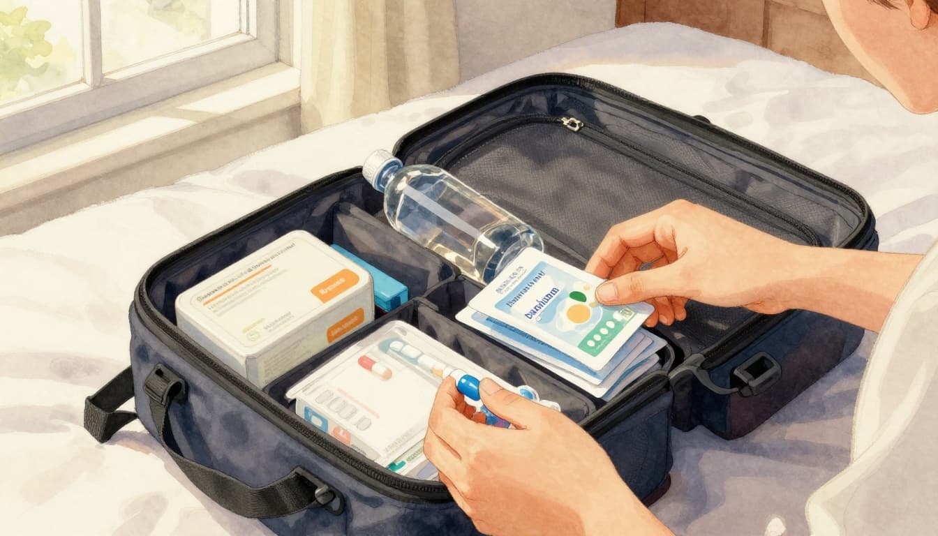 A traveler packs medications, hand sanitizer, and a water bottle into a first aid kit in a backpack on a bed, with sunlight streaming through a window, in watercolor style with soft blending and brush textures using warm earth tones.