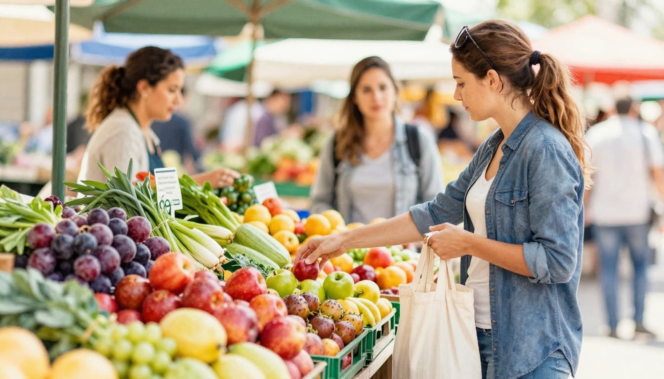 A traveler picks fresh fruits and vegetables at a colorful outdoor market stall, cloth bag in hand, blurred vendor in background, vibrant sunny scene in watercolor style with warm palette and brush textures.
