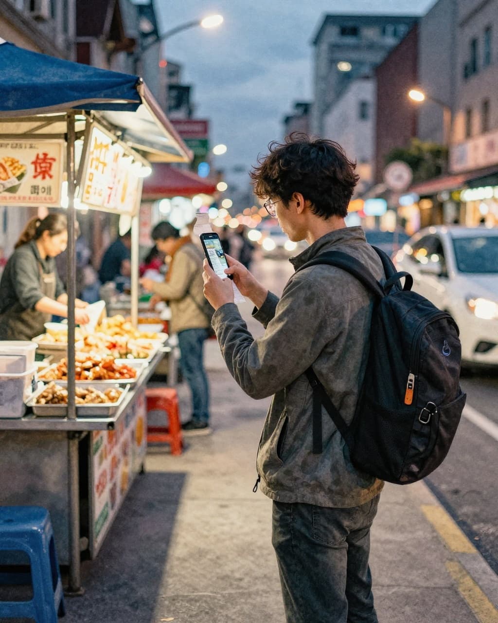 A solo traveler in casual clothes and backpack stands on a vibrant evening street, naturally photographing a restaurant receipt with their phone amid street food stalls and city lights, captured in watercolor style with soft blending and brush texture.