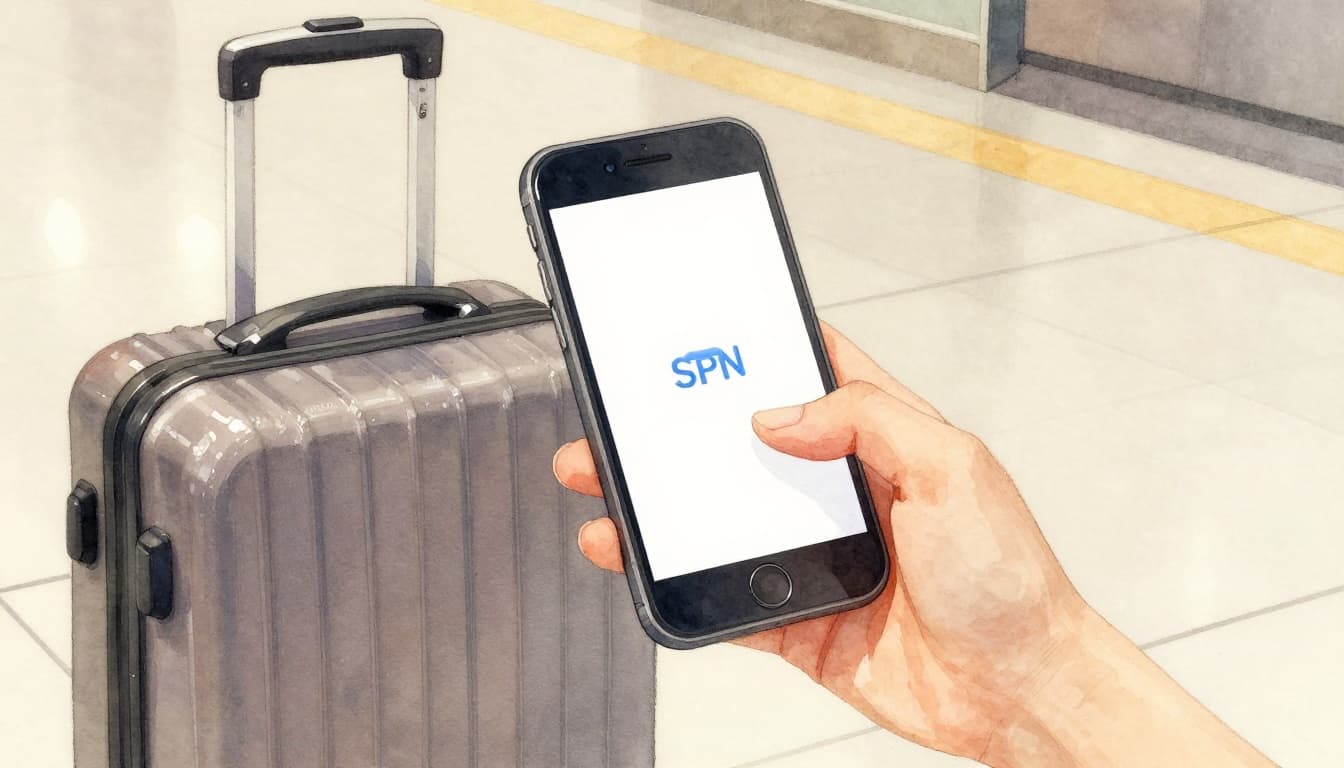 A relaxed traveler in an airport holds a phone with a subtle VPN app icon visible, suitcase nearby, featuring a protective case under soft lighting in watercolor style with warm earth tones and brush textures.