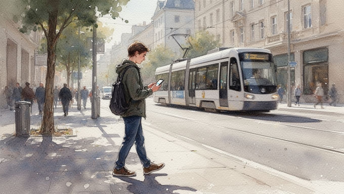 Watercolor illustration of a lone person walking on a city sidewalk, checking their phone for transit directions with a relaxed hand hold, set against a blurred background of street, tram, and buildings in neutral tones.