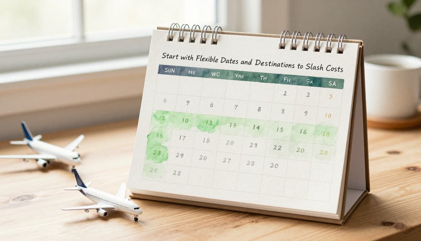 Watercolor painting of an open desk calendar on a wooden surface with days highlighted in green tones indicating low flight prices, accompanied by a small airplane model and coffee mug in a cozy window-lit room with soft morning light.