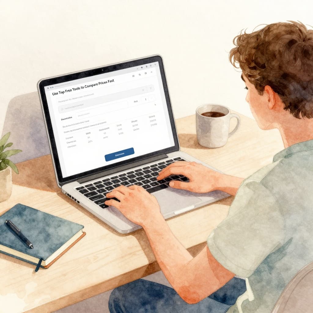 Watercolor illustration of a young adult sitting relaxed at a home desk with laptop open to flight search interface, hands near keyboard, travel notebook and mug beside in soft natural light.