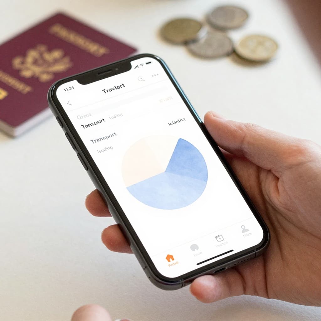 Close-up of a smartphone screen angled on a cafe table showing a pie chart of travel expenses like food, transport, and lodging, with blurred background, passport, coins, and relaxed hands, in soft watercolor style.
