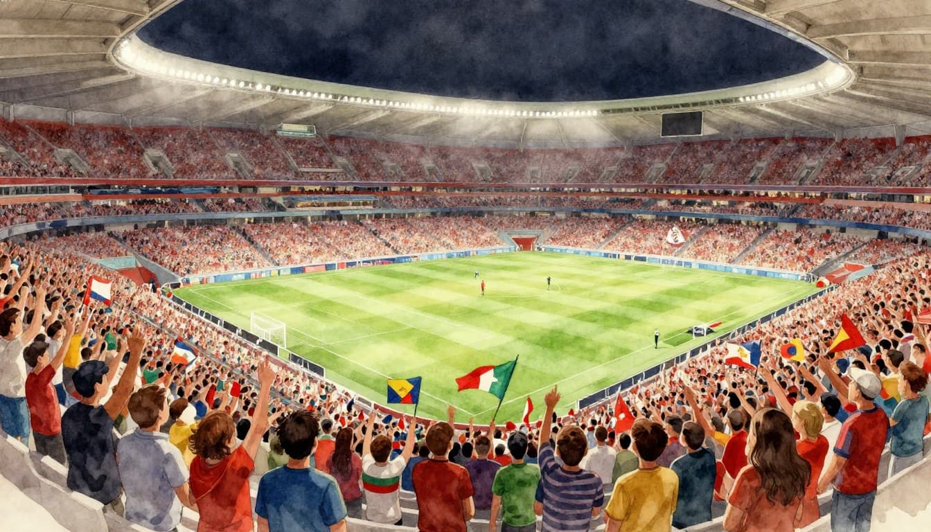 Soccer stadium packed with cheering fans waving flags during a World Cup match, vibrant crowd energy under night lights. Watercolor style featuring soft blending, visible brush texture, and warm earthy palette.